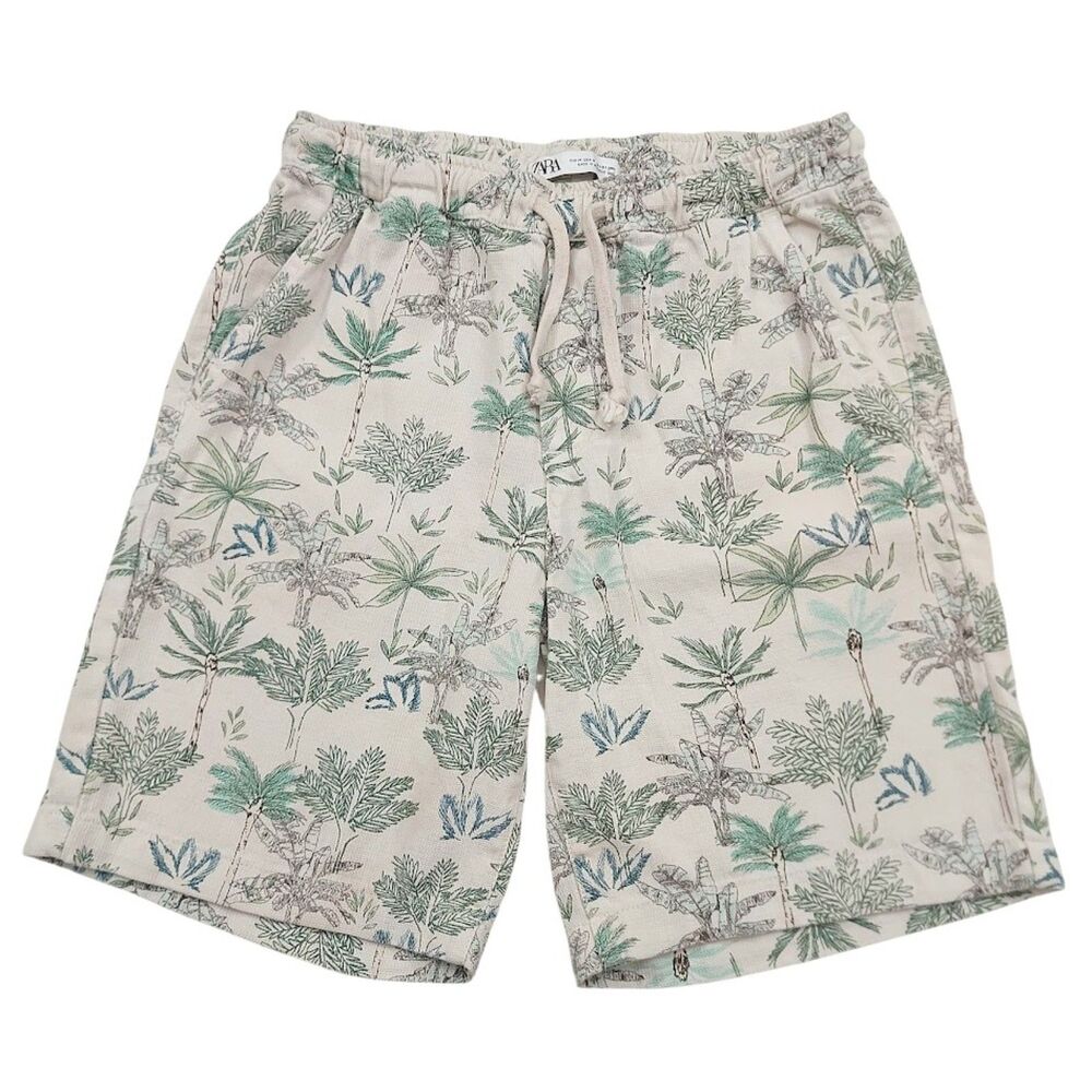 Zara Hawaiian Shorts Mens Medium Beige Green Textured Tropical Print Beach